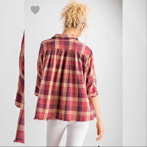 Plaid Button Down Oversize Shirt Top- Faded Rust - Picture 3 of 4